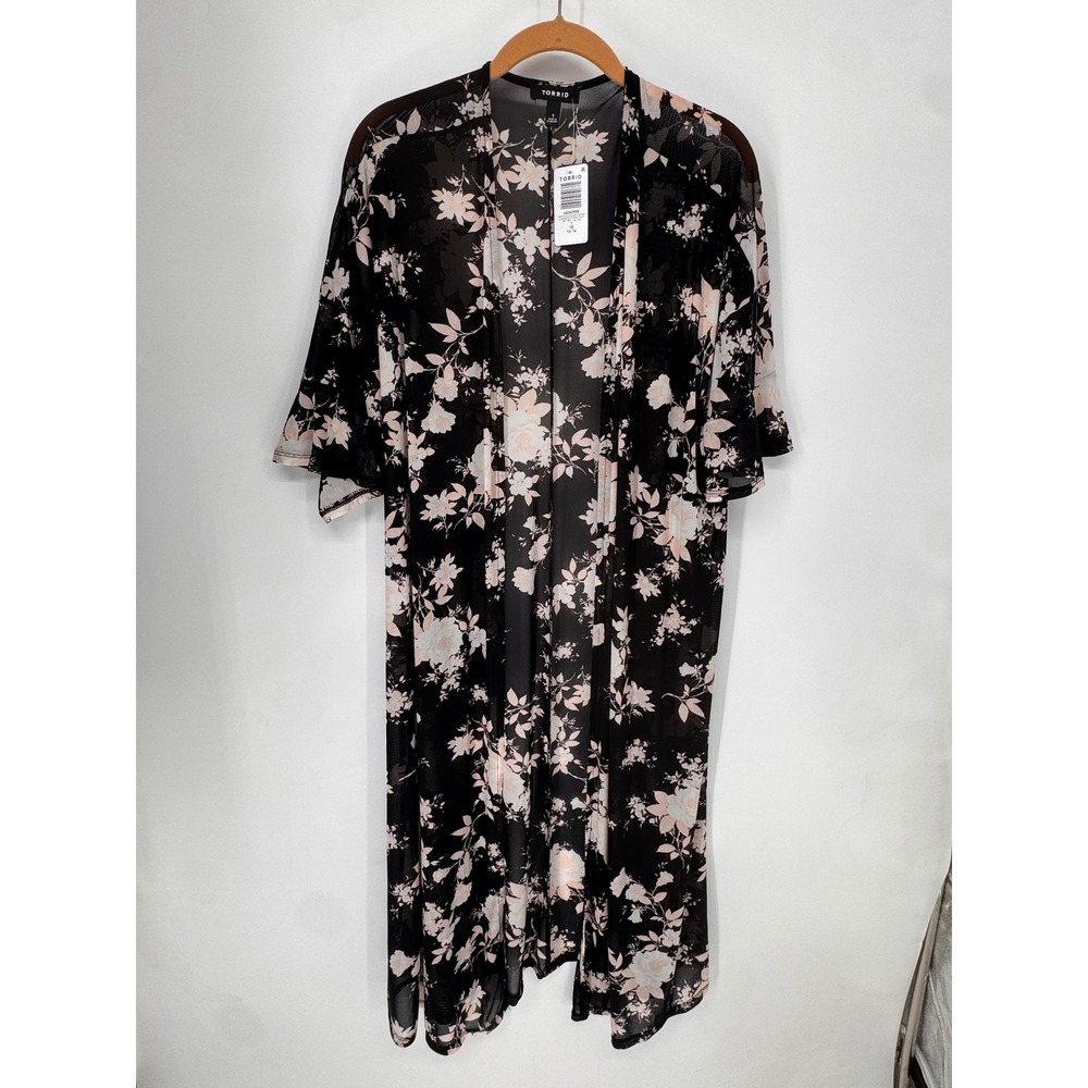 Torrid Kimono Women 1X Black NWT Mesh Ruffle Sleeve Illuminated Floral 45262985